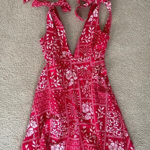 Red Bandana Print Linen Mini Dress – Western Boho Festival Dress - Size M